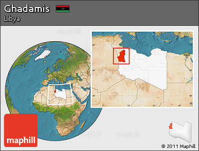 Satellite Location Map of Ghadamis, highlighted country, within the entire country