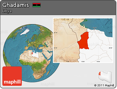 Satellite Location Map of Ghadamis, highlighted country