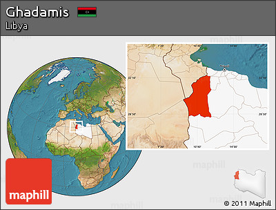 Satellite Location Map of Ghadamis, highlighted country