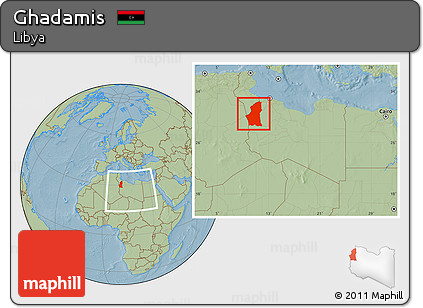Savanna Style Location Map of Ghadamis, within the entire country, hill shading