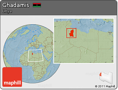 Savanna Style Location Map of Ghadamis, within the entire country, hill shading