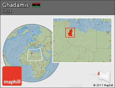 Savanna Style Location Map of Ghadamis, within the entire country, hill shading