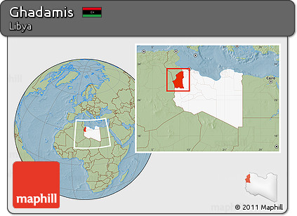 Savanna Style Location Map of Ghadamis, highlighted country, within the entire country, hill shading