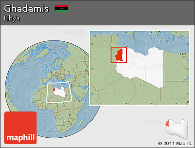 Savanna Style Location Map of Ghadamis, highlighted country, within the entire country, hill shading