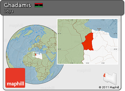 Savanna Style Location Map of Ghadamis, highlighted country, hill shading