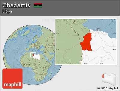 Savanna Style Location Map of Ghadamis, highlighted country, hill shading