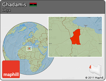 Savanna Style Location Map of Ghadamis, hill shading