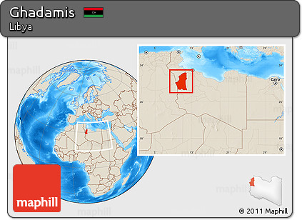 Shaded Relief Location Map of Ghadamis, within the entire country