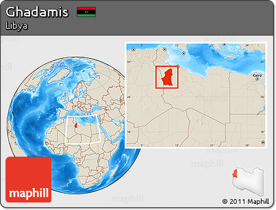 Shaded Relief Location Map of Ghadamis, within the entire country