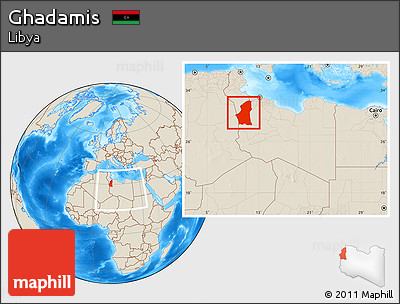 Shaded Relief Location Map of Ghadamis, within the entire country