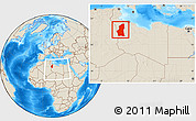 Shaded Relief Location Map of Ghadamis, within the entire country