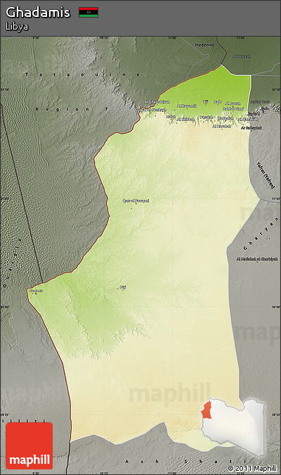 Physical Map of Ghadamis, darken, semi-desaturated