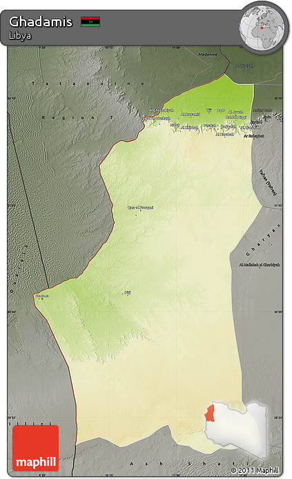Physical Map of Ghadamis, darken, semi-desaturated