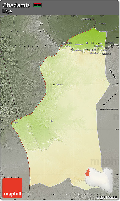 Physical Map of Ghadamis, darken, semi-desaturated