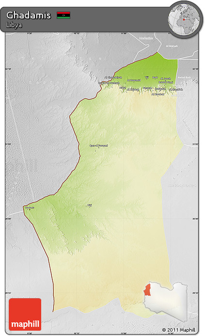 Physical Map of Ghadamis, lighten, desaturated