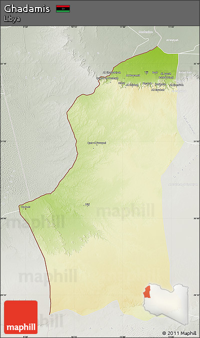 Physical Map of Ghadamis, lighten, semi-desaturated