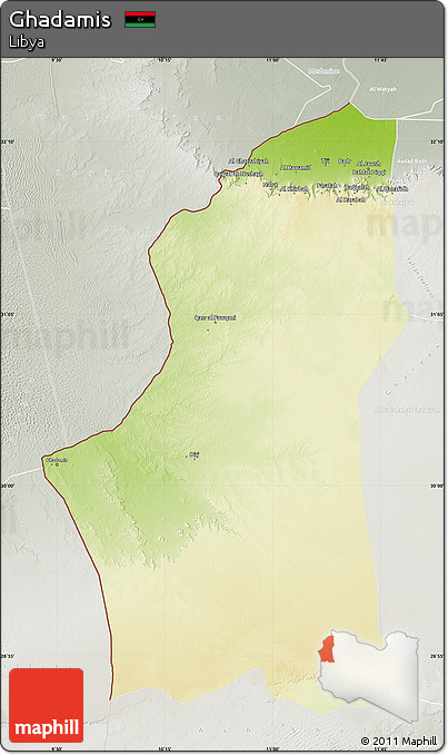 Physical Map of Ghadamis, lighten, semi-desaturated