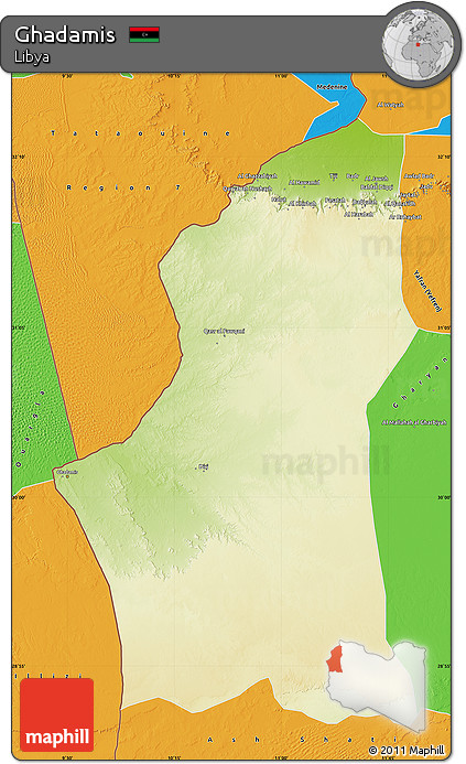 Physical Map of Ghadamis, political outside