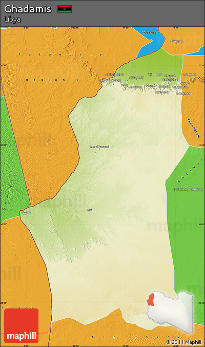 Physical Map of Ghadamis, political outside
