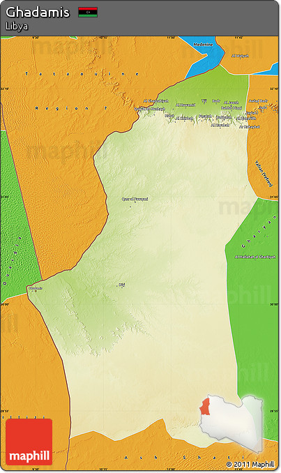 Physical Map of Ghadamis, political outside