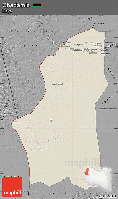 Shaded Relief Map of Ghadamis, darken, desaturated