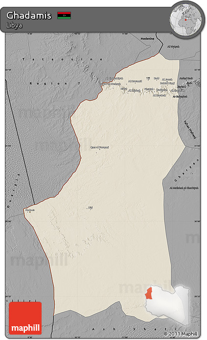 Shaded Relief Map of Ghadamis, darken, desaturated