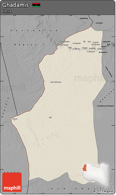Shaded Relief Map of Ghadamis, darken, desaturated