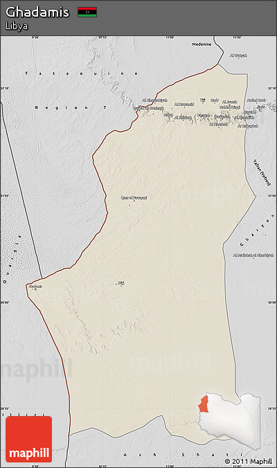 Shaded Relief Map of Ghadamis, desaturated