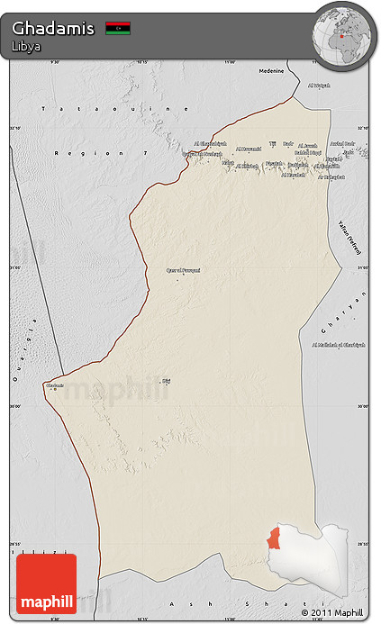Shaded Relief Map of Ghadamis, desaturated