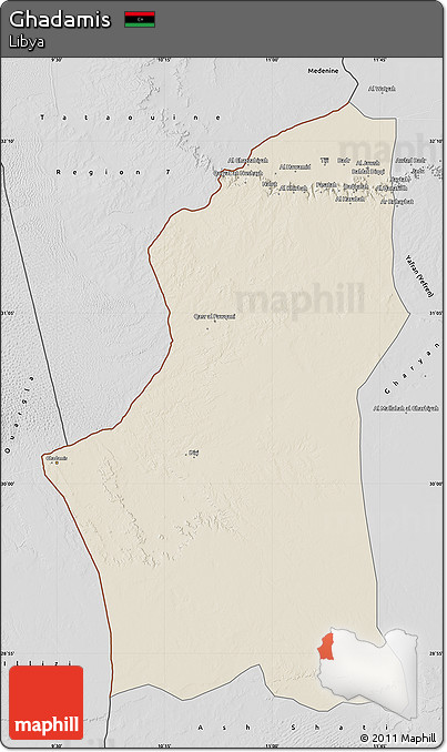 Shaded Relief Map of Ghadamis, desaturated