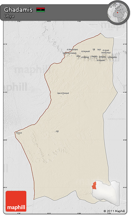 Shaded Relief Map of Ghadamis, lighten, desaturated