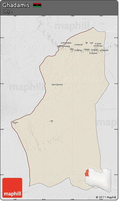 Shaded Relief Map of Ghadamis, lighten, desaturated