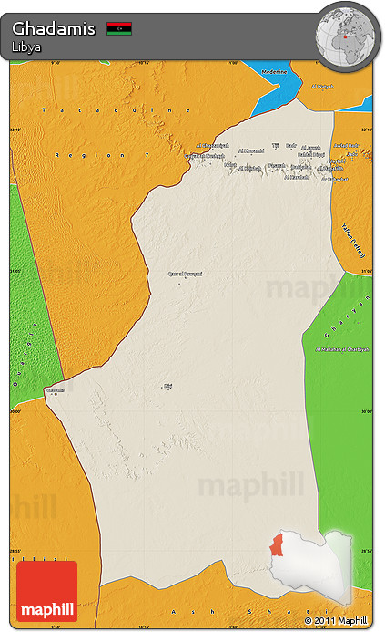 Shaded Relief Map of Ghadamis, political outside