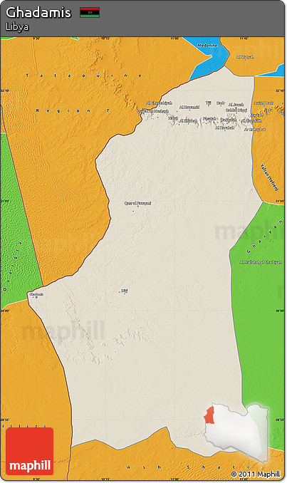 Shaded Relief Map of Ghadamis, political outside