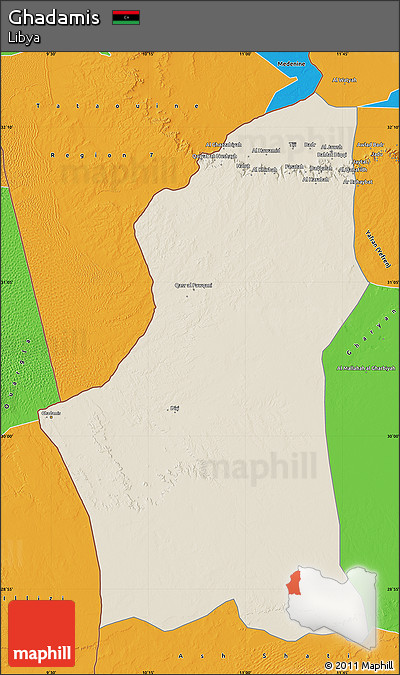 Shaded Relief Map of Ghadamis, political outside