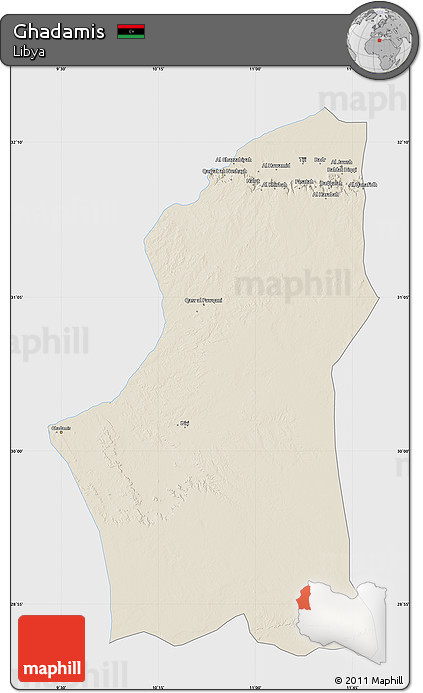 Shaded Relief Map of Ghadamis, single color outside