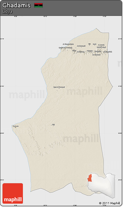 Shaded Relief Map of Ghadamis, single color outside
