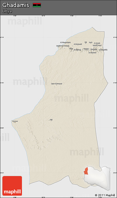 Shaded Relief Map of Ghadamis, single color outside