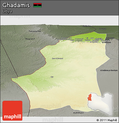 Physical Panoramic Map of Ghadamis, darken, semi-desaturated