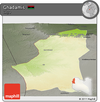 Physical Panoramic Map of Ghadamis, darken, semi-desaturated