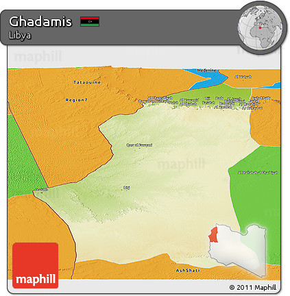 Physical Panoramic Map of Ghadamis, political outside