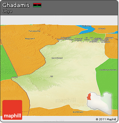Physical Panoramic Map of Ghadamis, political outside