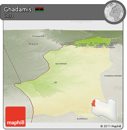 Physical Panoramic Map of Ghadamis, semi-desaturated