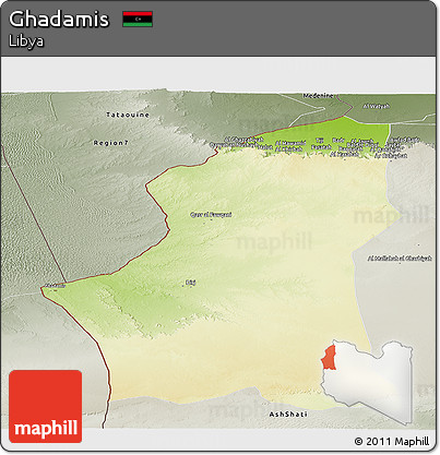 Physical Panoramic Map of Ghadamis, semi-desaturated