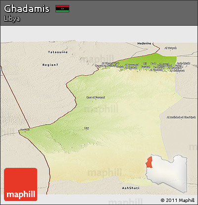 Physical Panoramic Map of Ghadamis, shaded relief outside
