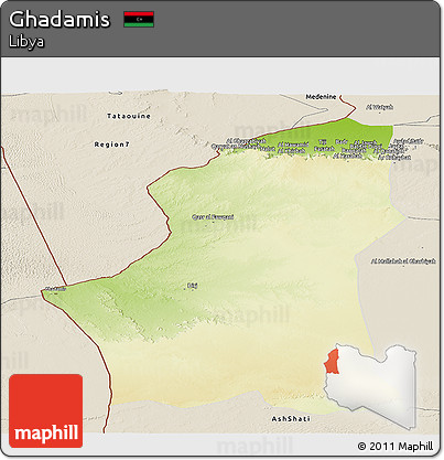 Physical Panoramic Map of Ghadamis, shaded relief outside
