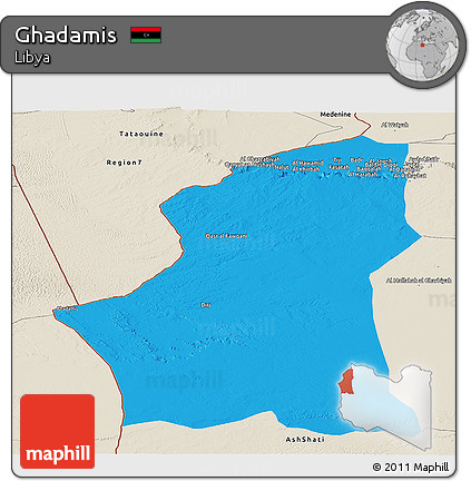 Political Panoramic Map of Ghadamis, shaded relief outside