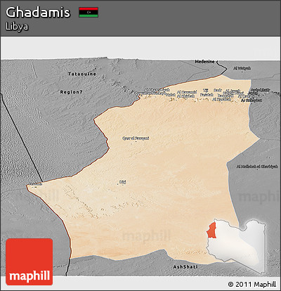 Satellite Panoramic Map of Ghadamis, darken, desaturated