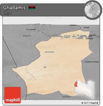 Satellite Panoramic Map of Ghadamis, darken, desaturated
