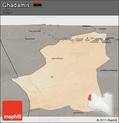 Satellite Panoramic Map of Ghadamis, darken, semi-desaturated